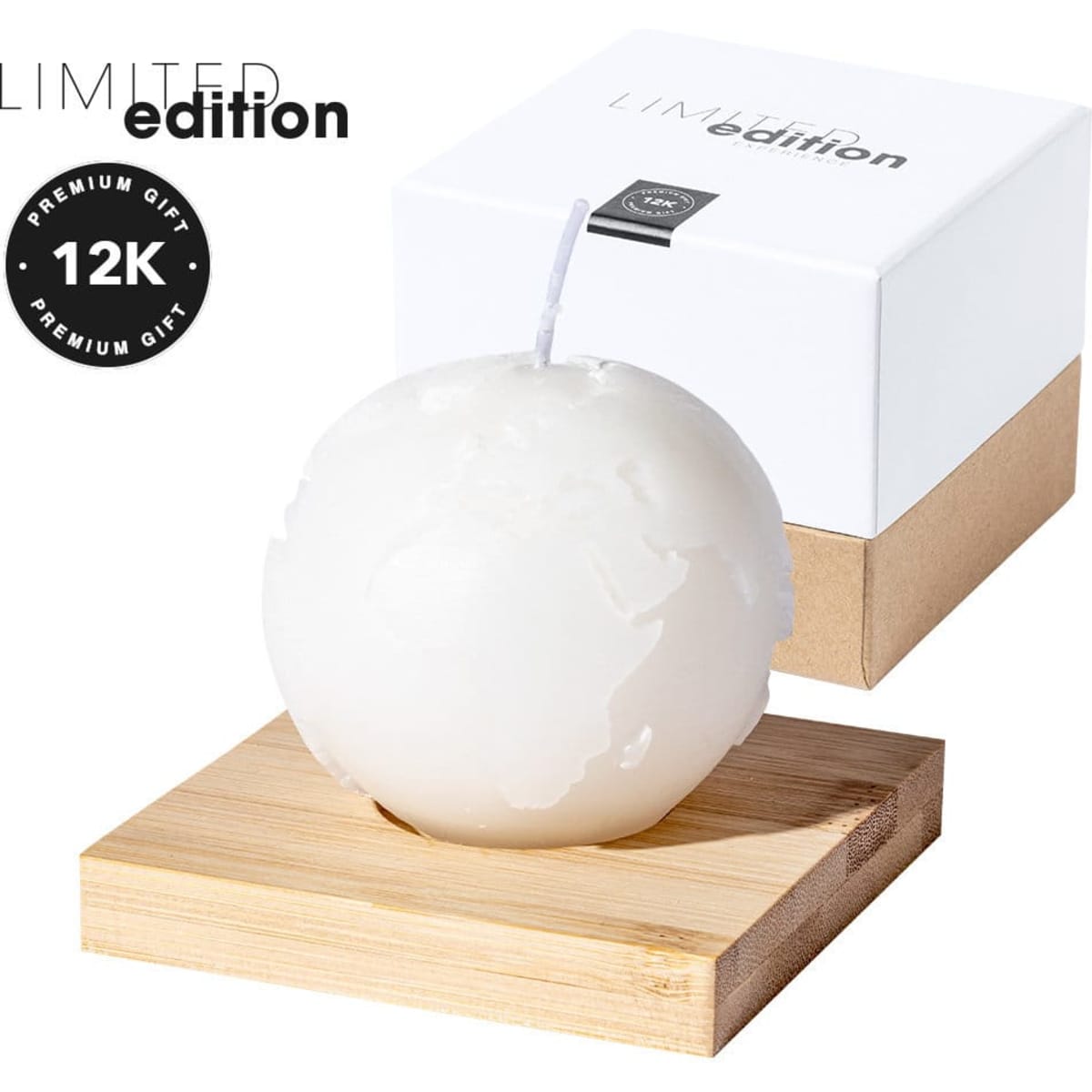 A spherical candle shaped like the Earth, displayed on a wooden base, with a white box in the background.