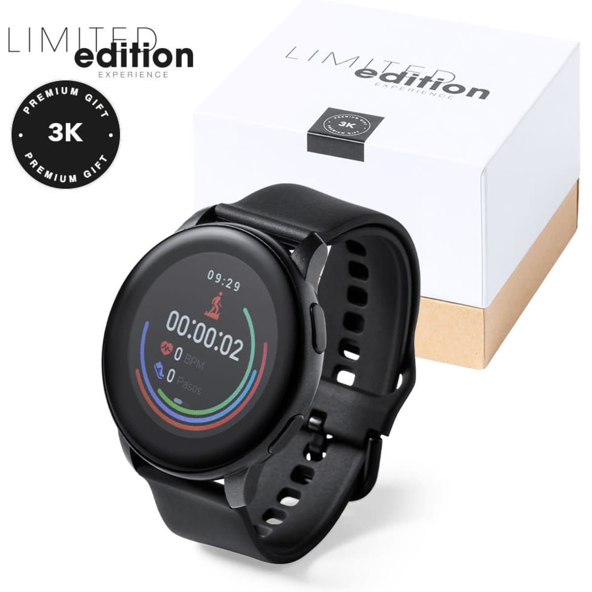 A black fitness smartwatch with a circular display, packaged in a white box with a gold base and logo.