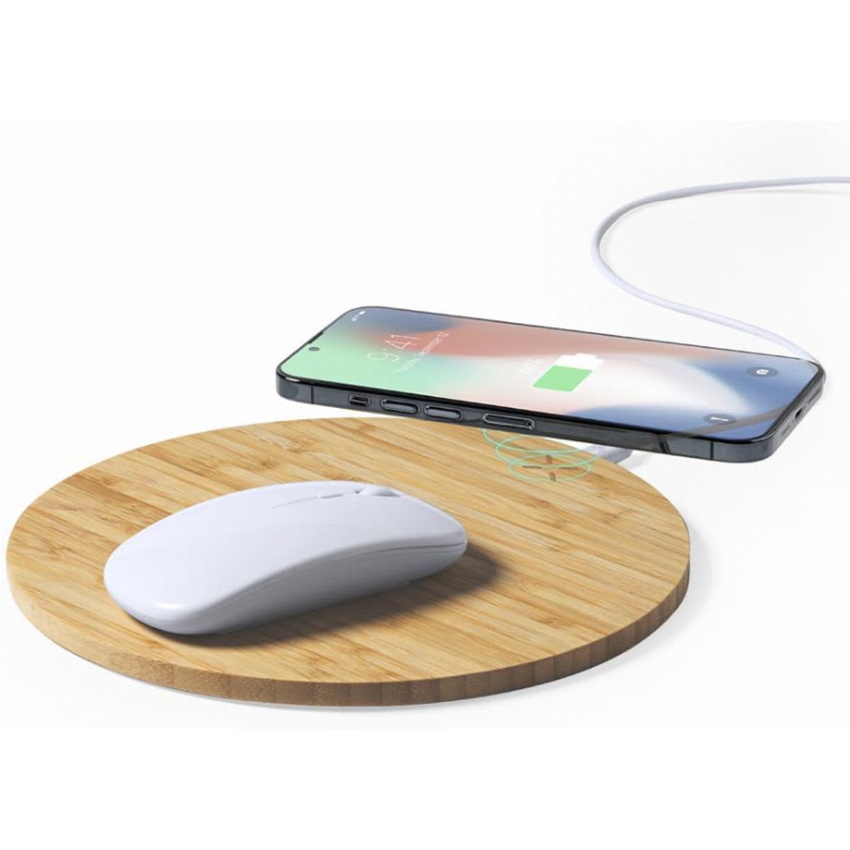 A wooden charging pad with a smartphone and a white wireless mouse on top. The phone displays a charging icon.