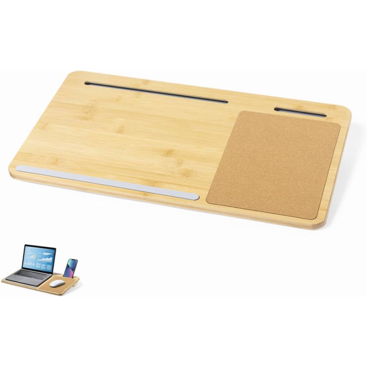 A bamboo desk mat featuring a cork section and slots for devices, in natural wood tones.