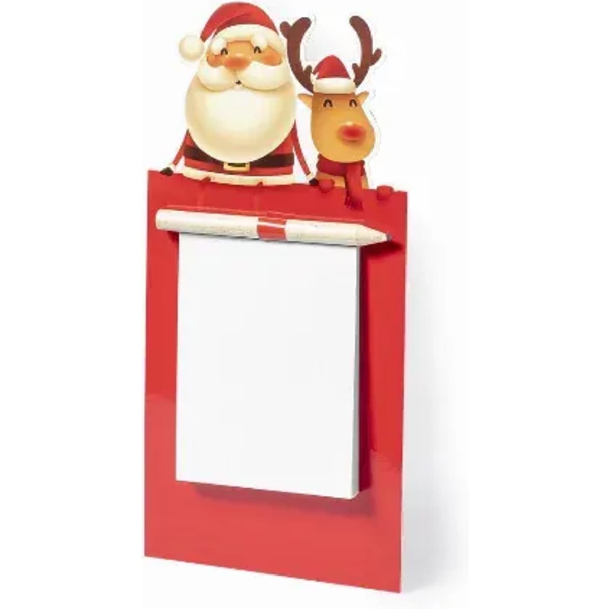 A festive notepad holder featuring Santa and a reindeer, with a white notepad and a pencil, set against a red background.