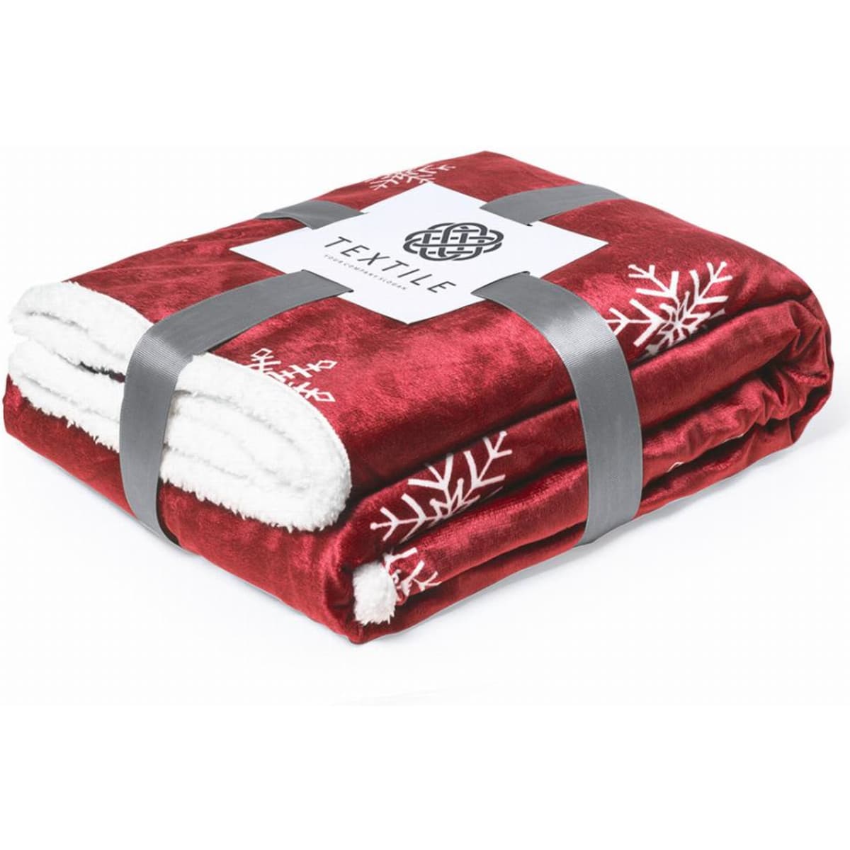 A red blanket featuring white snowflake patterns, neatly folded and secured with a grey band. It has a branded tag.