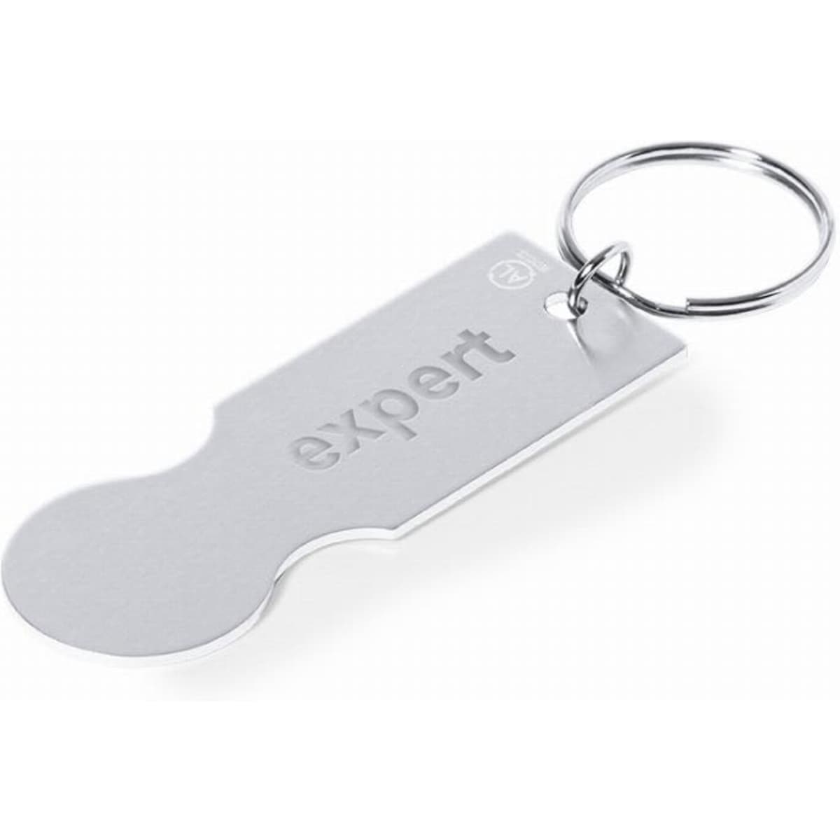 A keychain bottle opener in silver featuring a simple design and the word "expert" engraved on it.