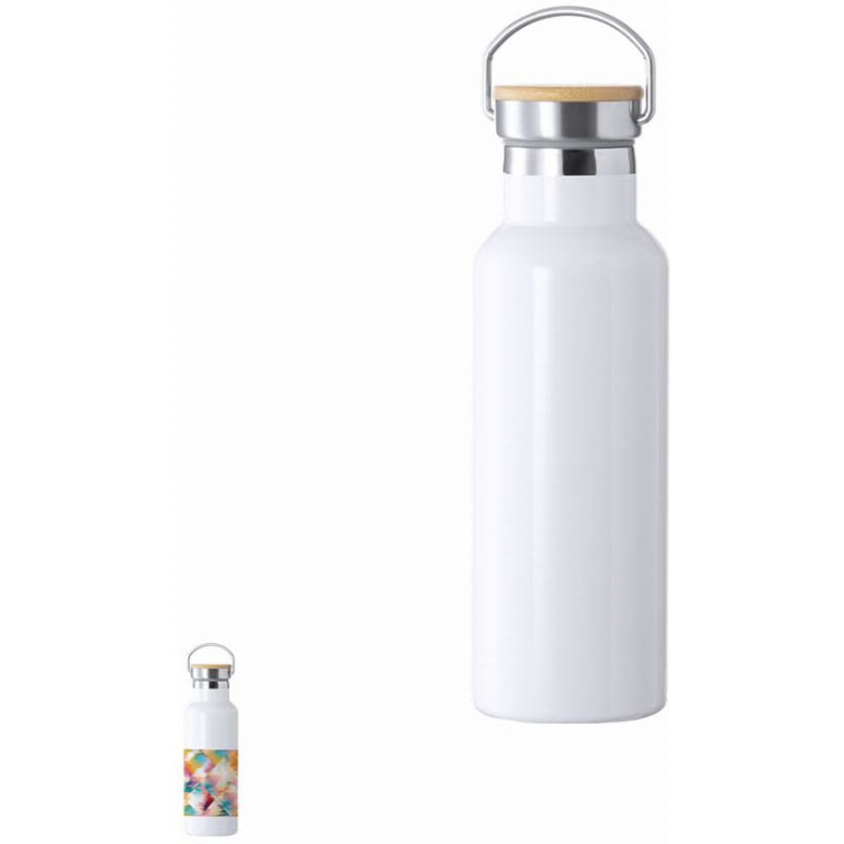A drink bottle with a white body and a wooden cap, featuring a silver ring handle.