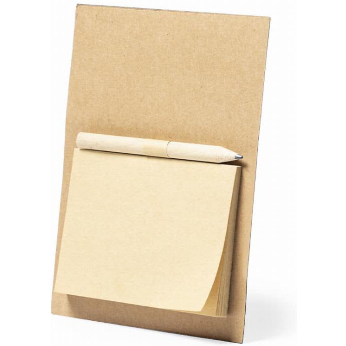 A notepad with a brown cover and a wooden pen attached, featuring yellow sticky notes on the front.