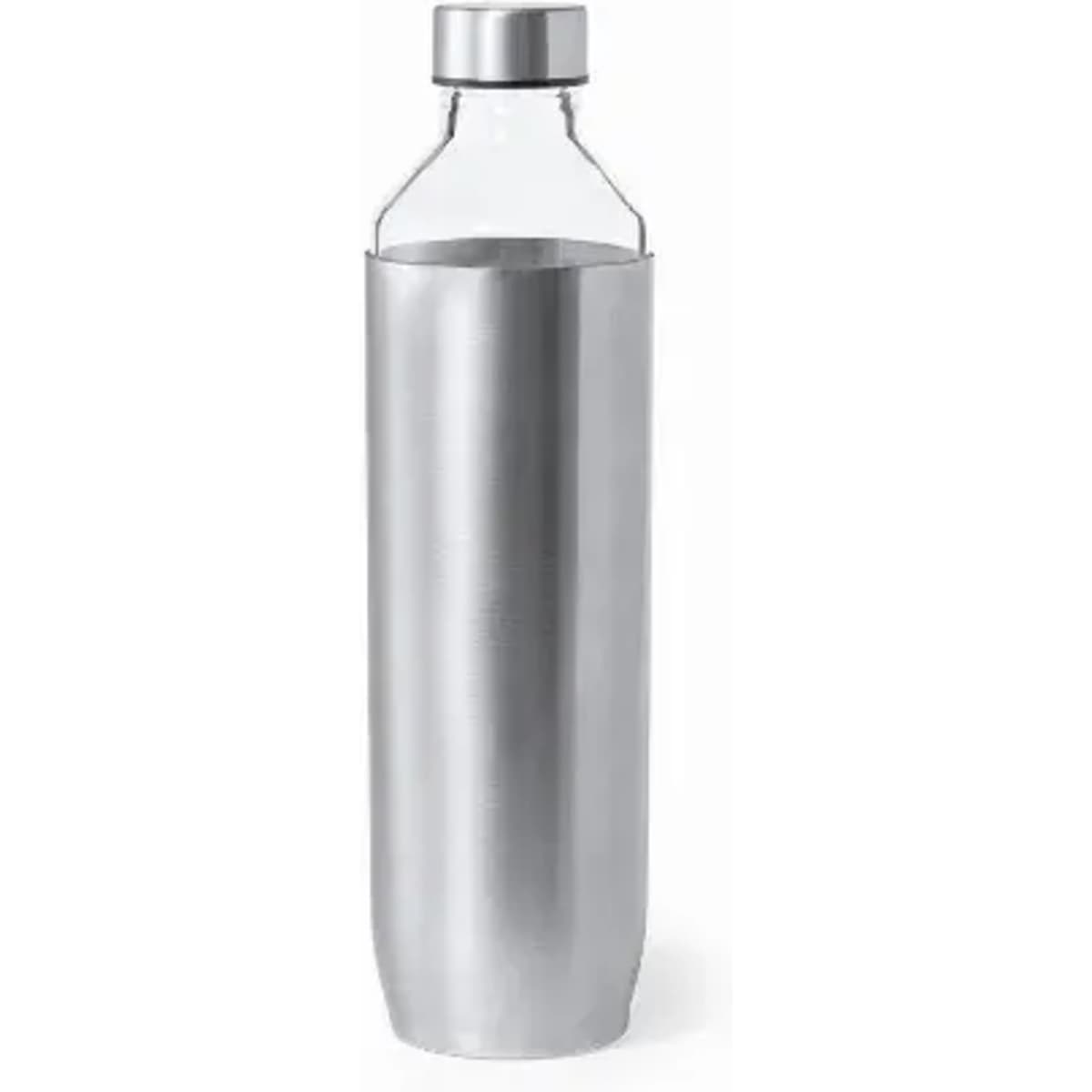 A drink bottle with a clear glass body and a sleek stainless steel sleeve and lid. It features a simple logo.
