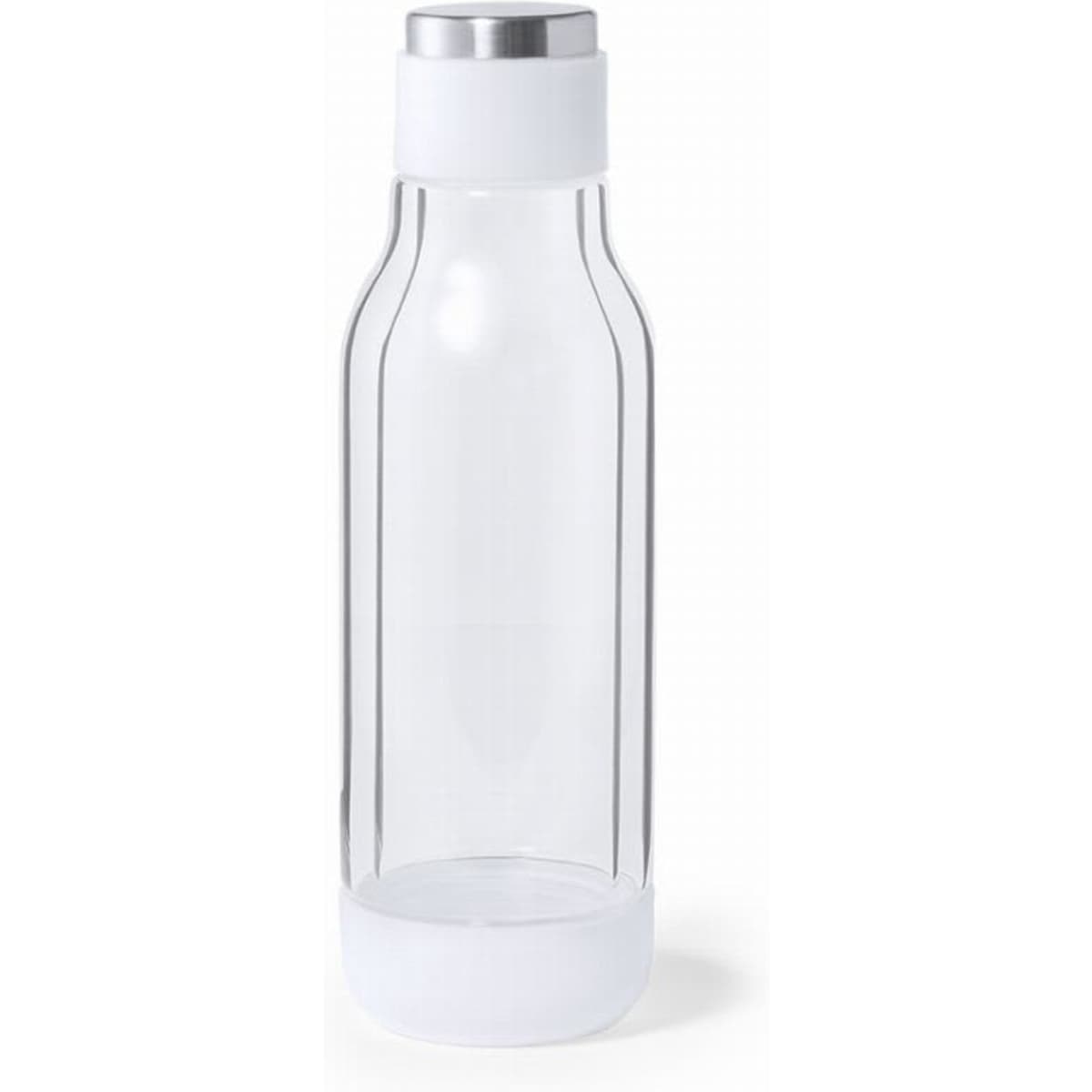 A drink bottle made of clear material with a white base and a silver metal lid. It features a logo.