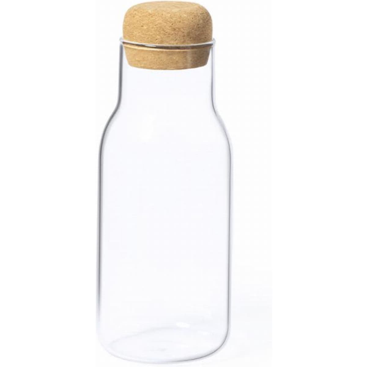 A drink bottle made of clear glass with a cork lid, featuring a simple, modern design.