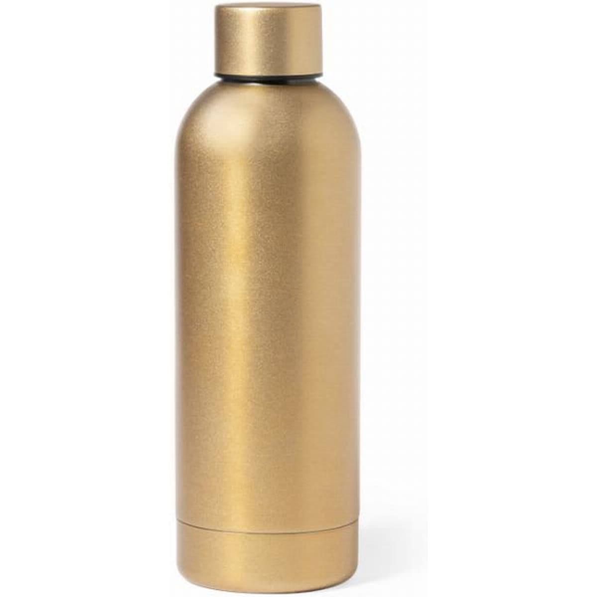 A drink bottle in a shiny gold finish with a sleek design and a black top. Features a logo on the surface.