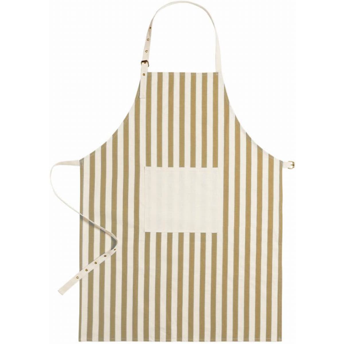 A striped apron in beige and cream with a front pocket and adjustable neck strap.