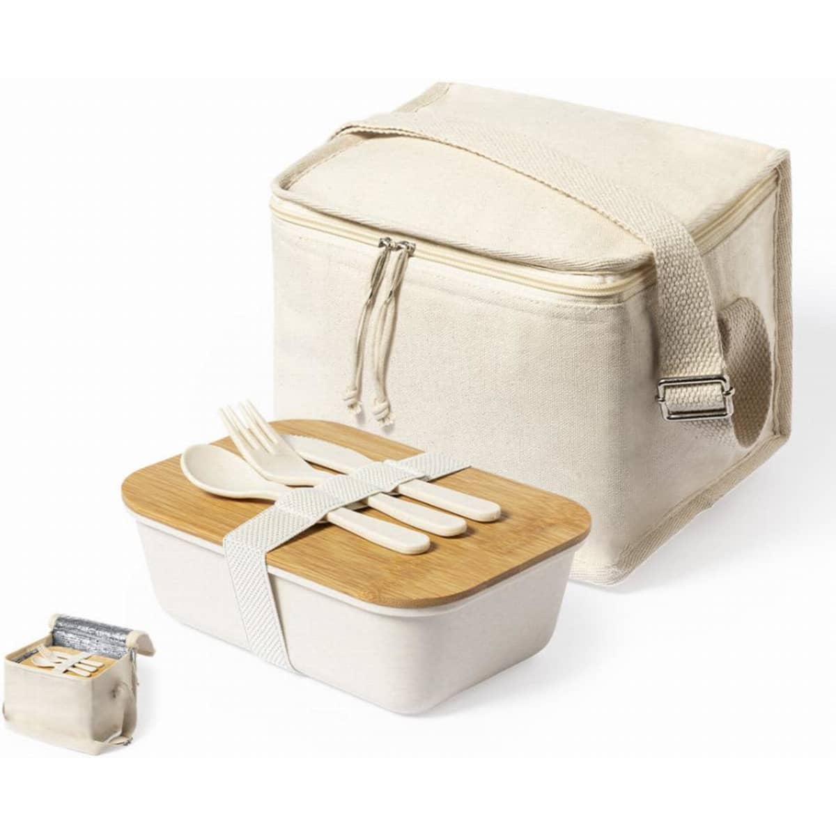 A lunch bag in beige with a matching lunch box featuring a wooden lid and utensils secured with a strap.