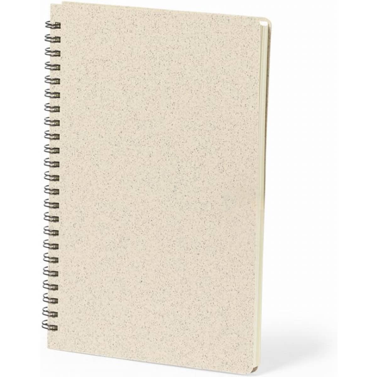 A spiral-bound notebook with a textured cream cover, featuring multiple blank pages inside.