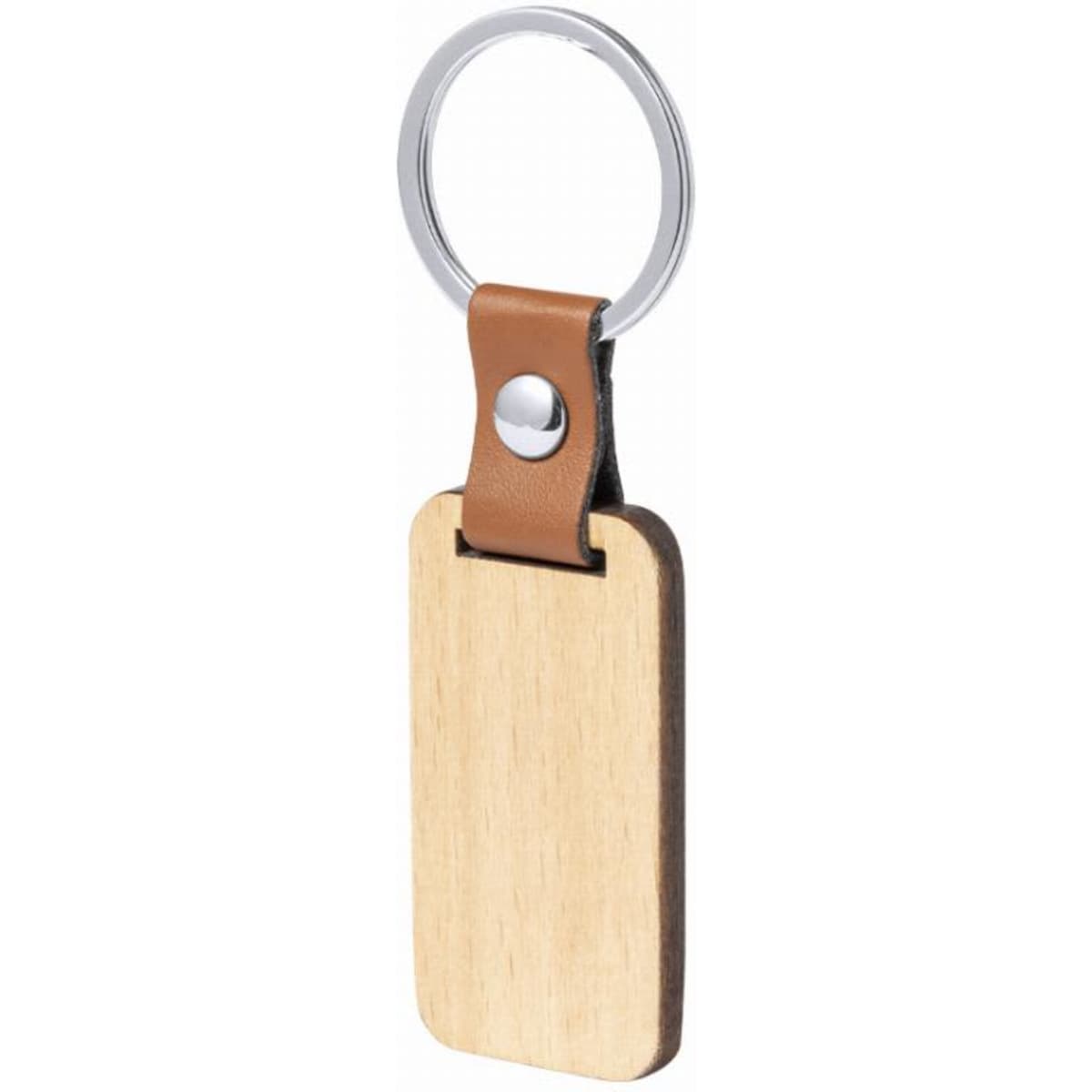 A wooden key ring with a leather attachment and a silver key ring, showcasing a natural finish.