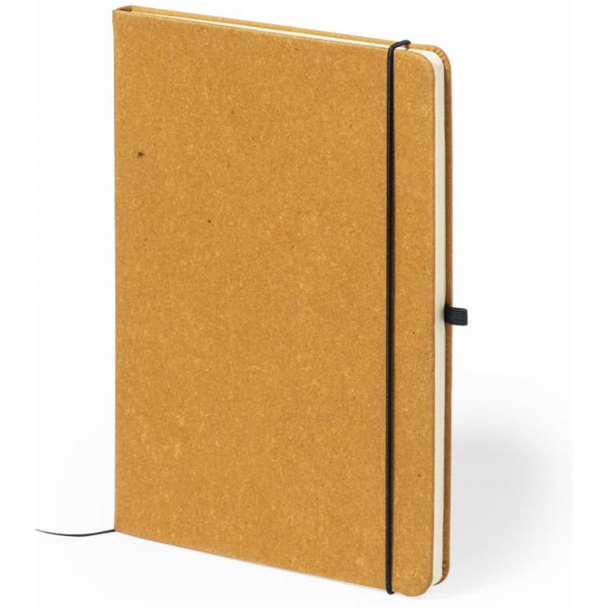 A notebook with a kraft cover, secured by a black elastic band, featuring a simple, minimalistic design.