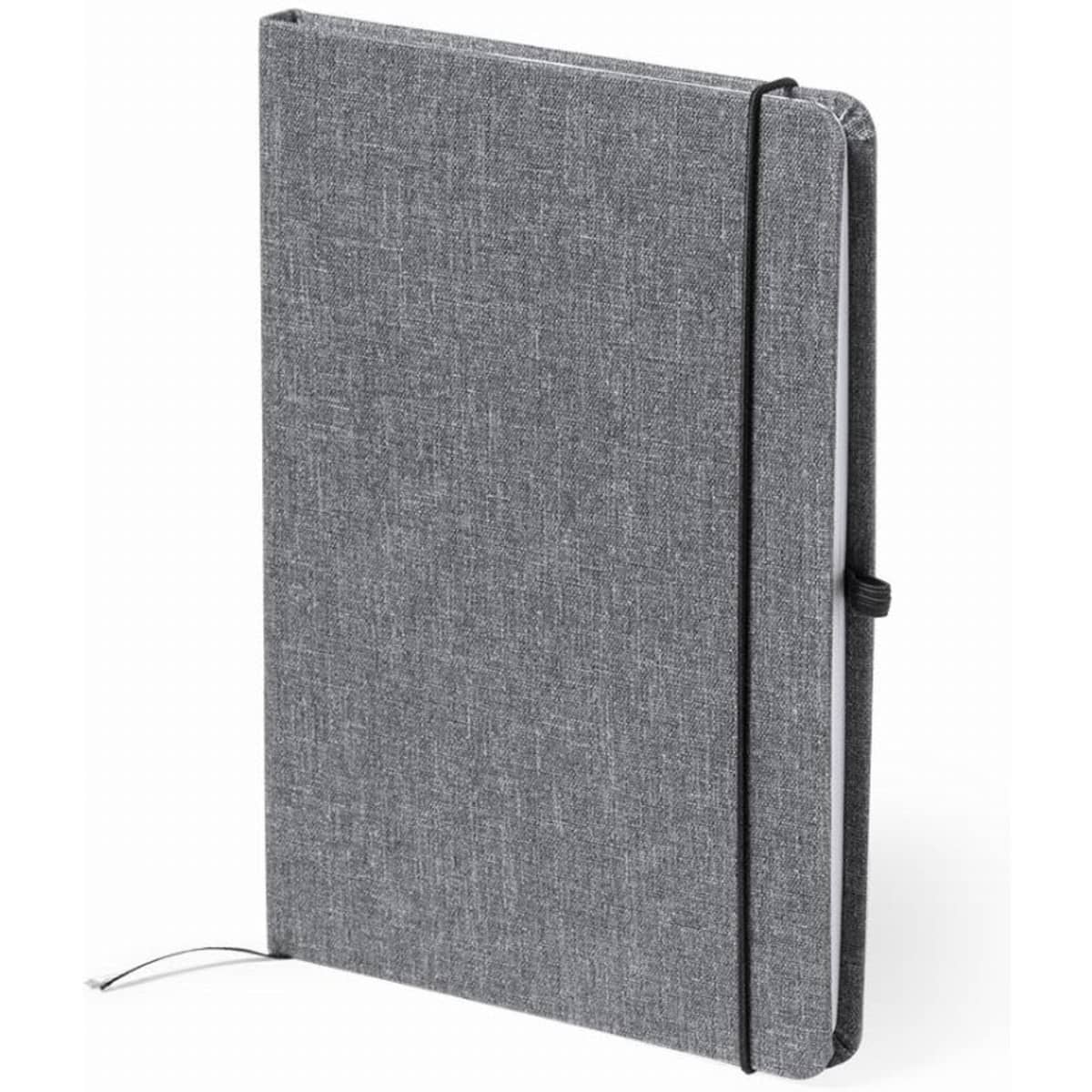 A notebook in grey fabric with a black elastic closure and a ribbon bookmark. It has a plain, minimalistic design.