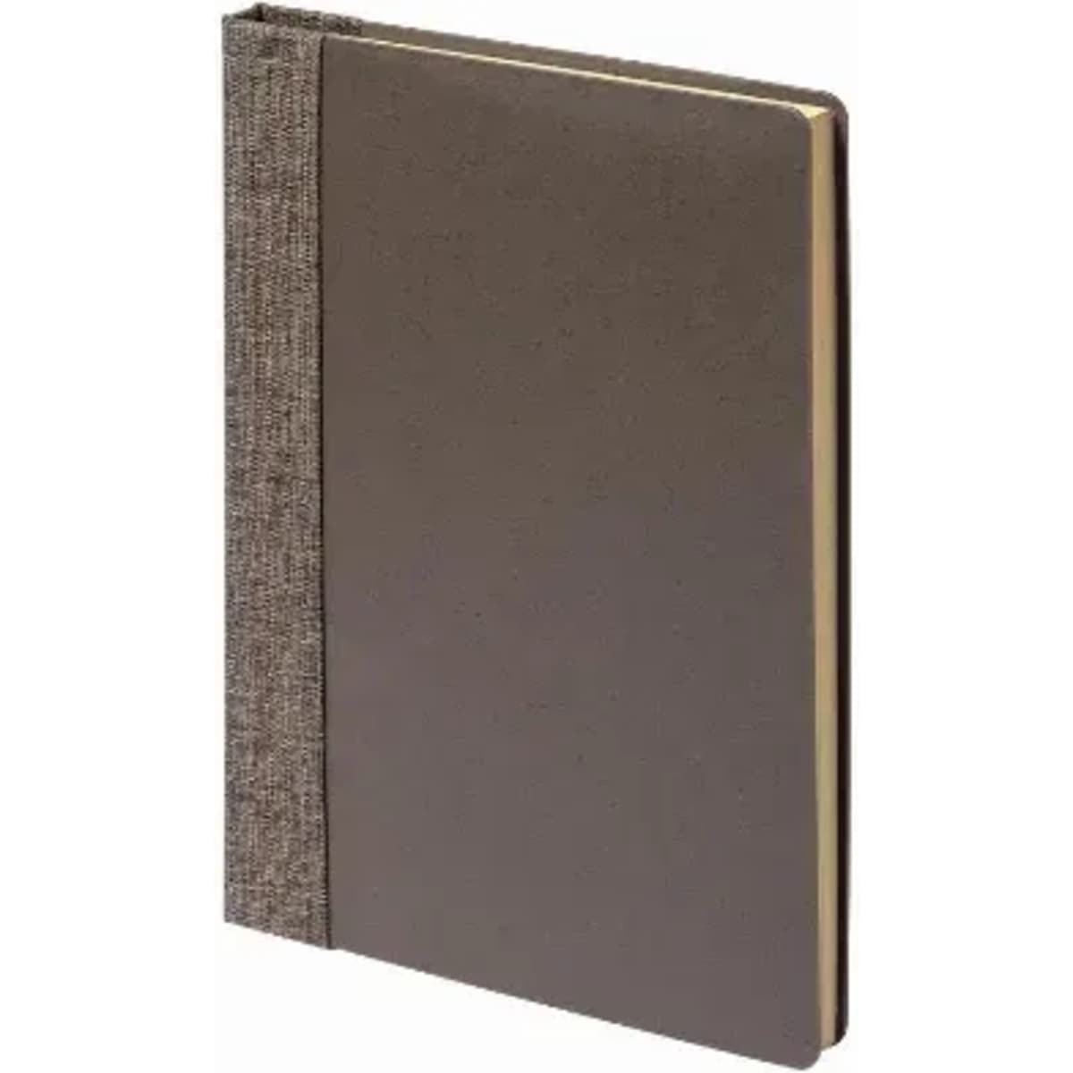 A notebook with a brown cover and a textured fabric spine, featuring blank pages and a minimalist design.