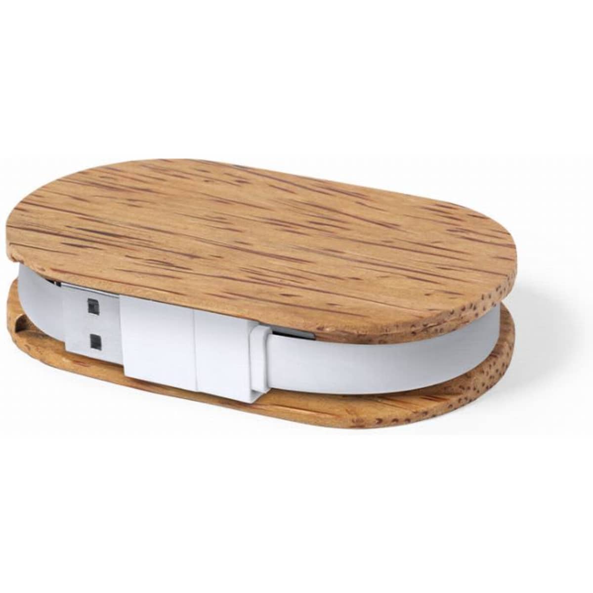 A wooden oval USB drive with a white casing, featuring a minimalist design and a logo.