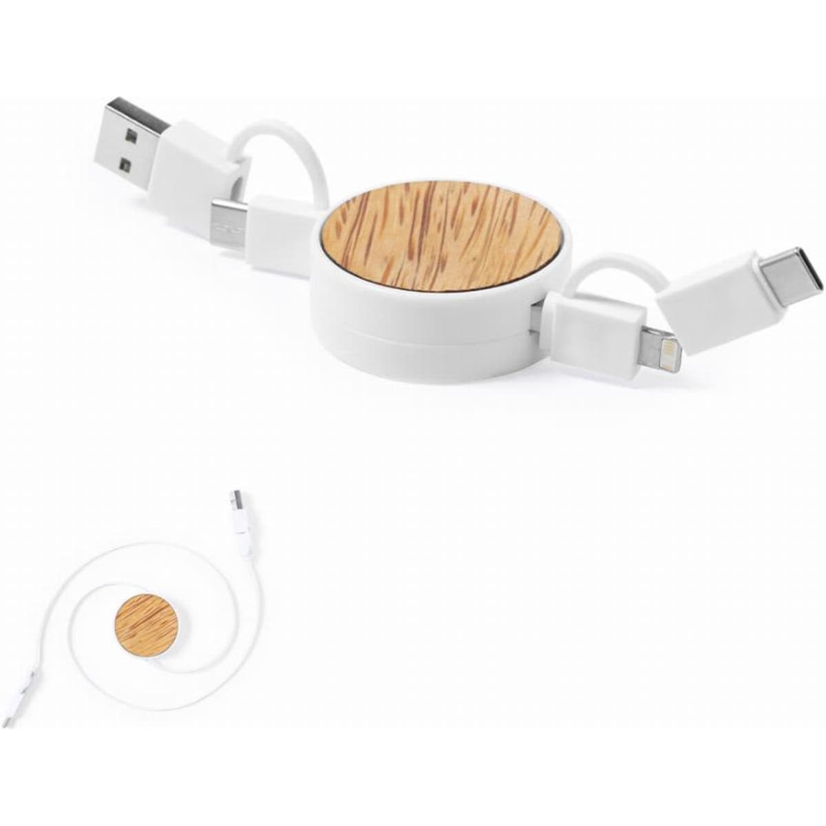 A charging cable with a wooden top, featuring USB, USB-C, and Lightning connectors in a compact design.