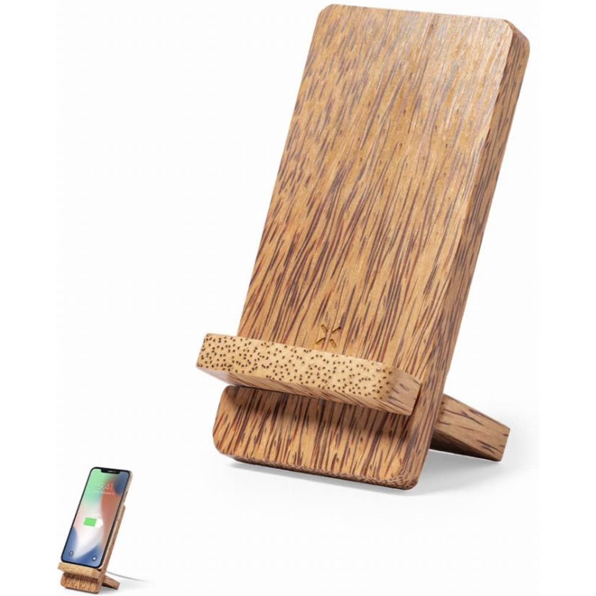 A phone stand made from a wood-like material, featuring a natural wood grain finish and a sturdy base for support.