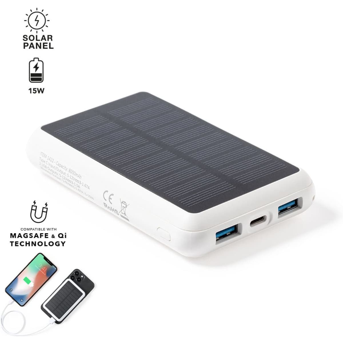 A portable charger with a solar panel, featuring two USB ports and a sleek white design.
