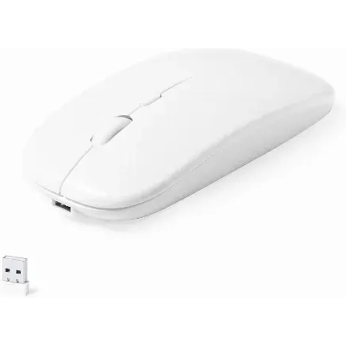 A white computer mouse with a smooth design and a USB receiver beside it.