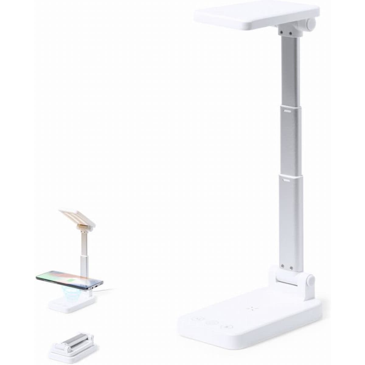 A desk lamp with an adjustable arm, featuring a sleek white design. Includes a small phone holder.