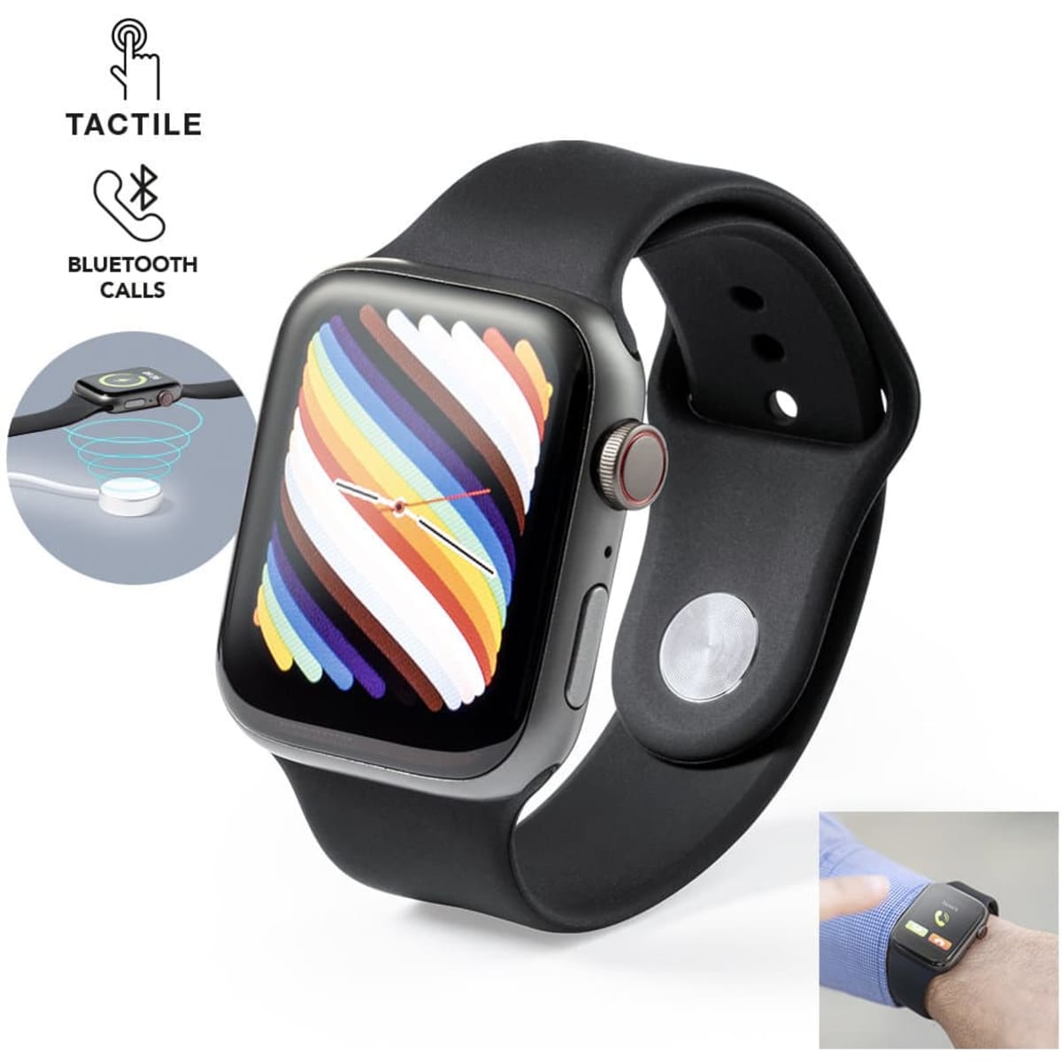 A smartwatch with a colourful screen and a black strap, featuring a logo and tactile design elements.