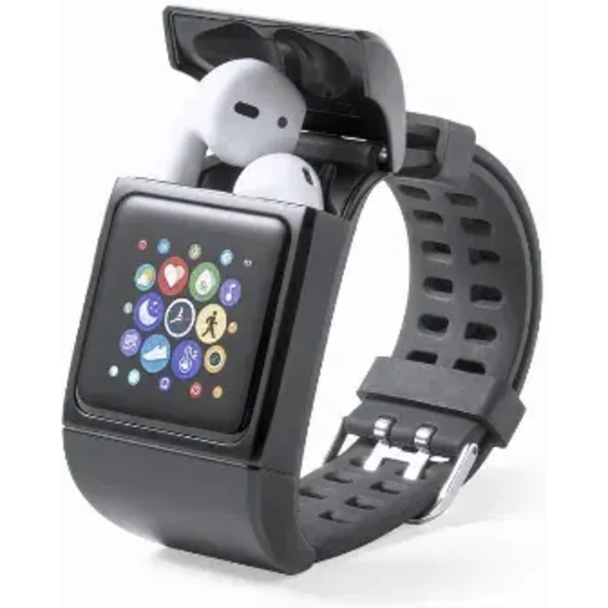 A smartwatch with a black strap featuring a colourful app display, holding a pair of white wireless earbuds.