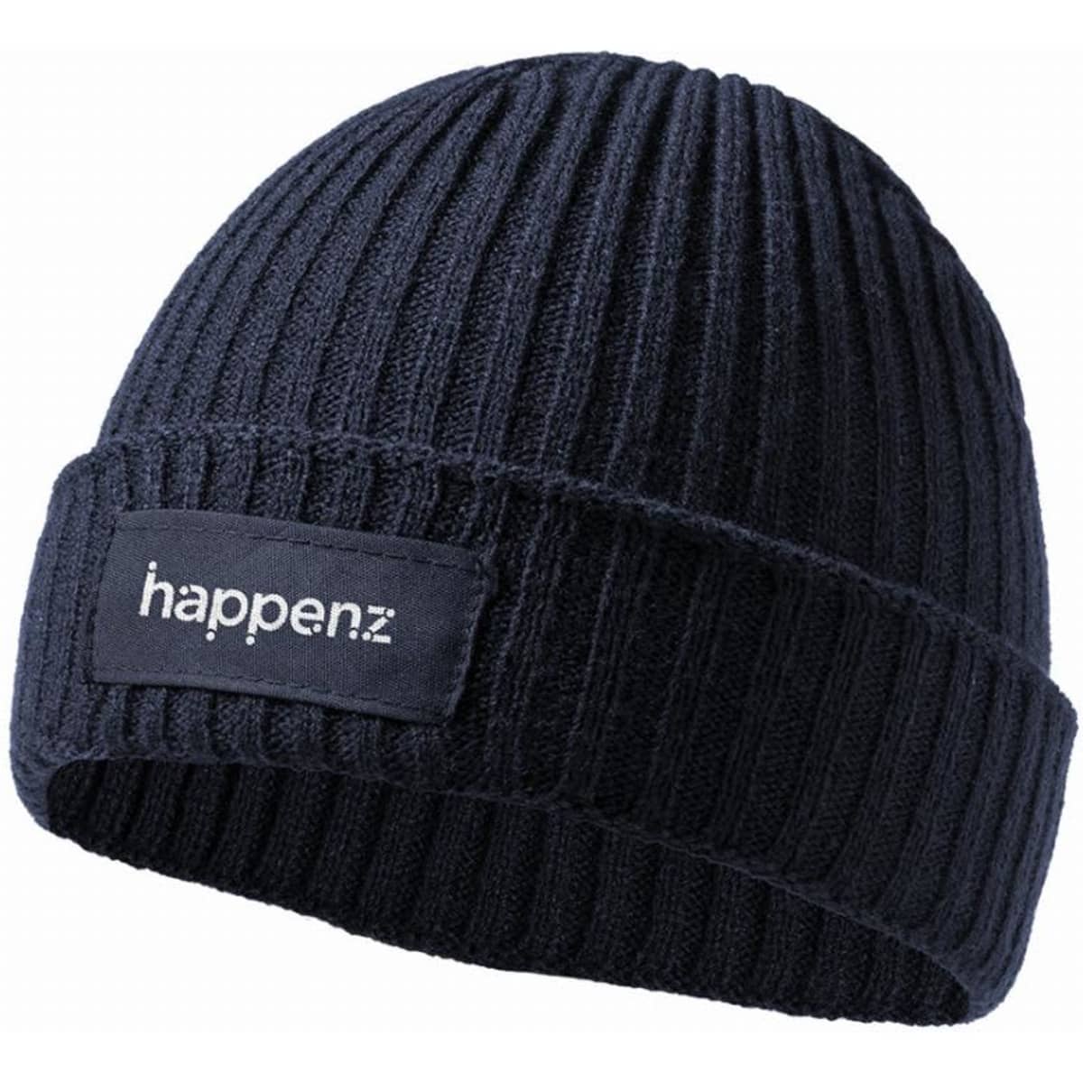 A navy blue knitted beanie with a ribbed texture and a branded patch on the front.