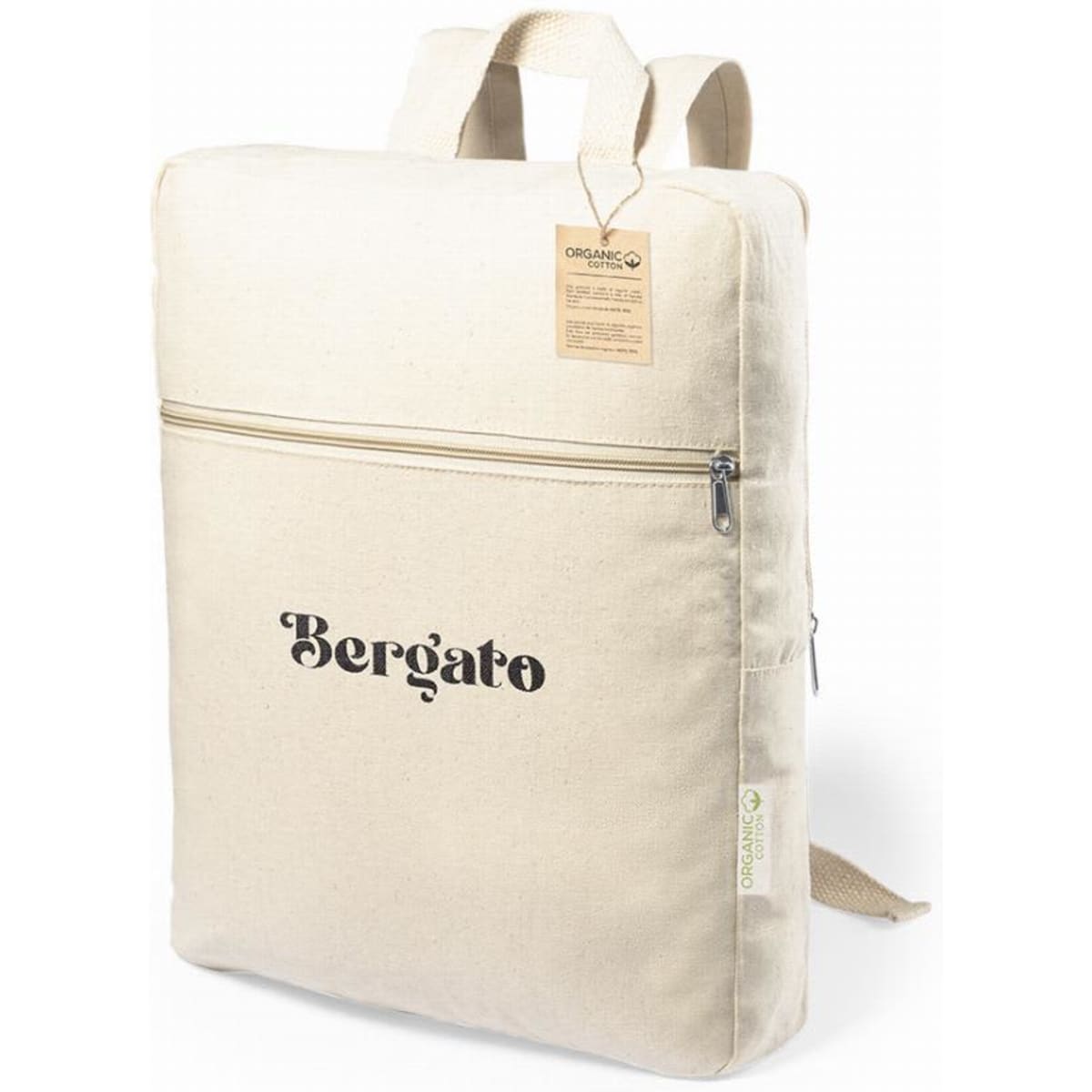 A cream-coloured backpack with a front zipper pocket and adjustable straps. It features branding on the front.