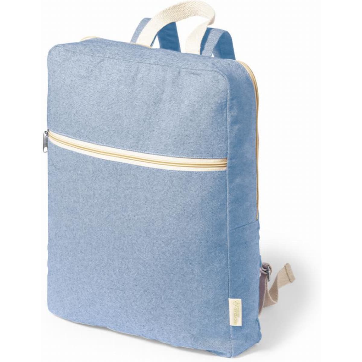 A blue backpack with a front zipper pocket and beige straps, featuring a logo on the side.