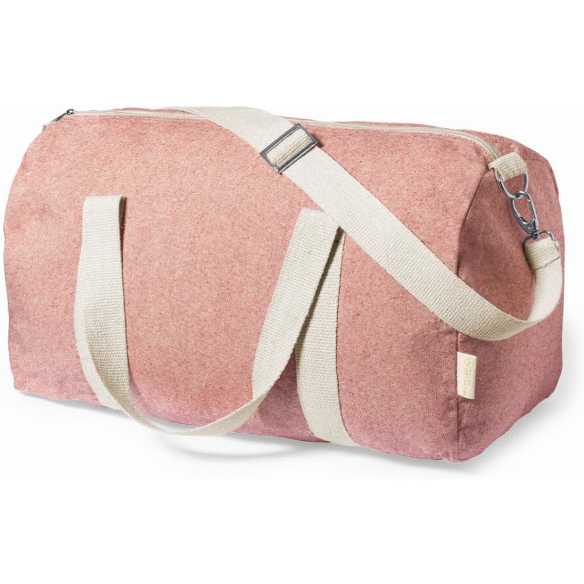 A duffle bag in a muted pink shade with a light beige shoulder strap and handles. It features a zip closure.