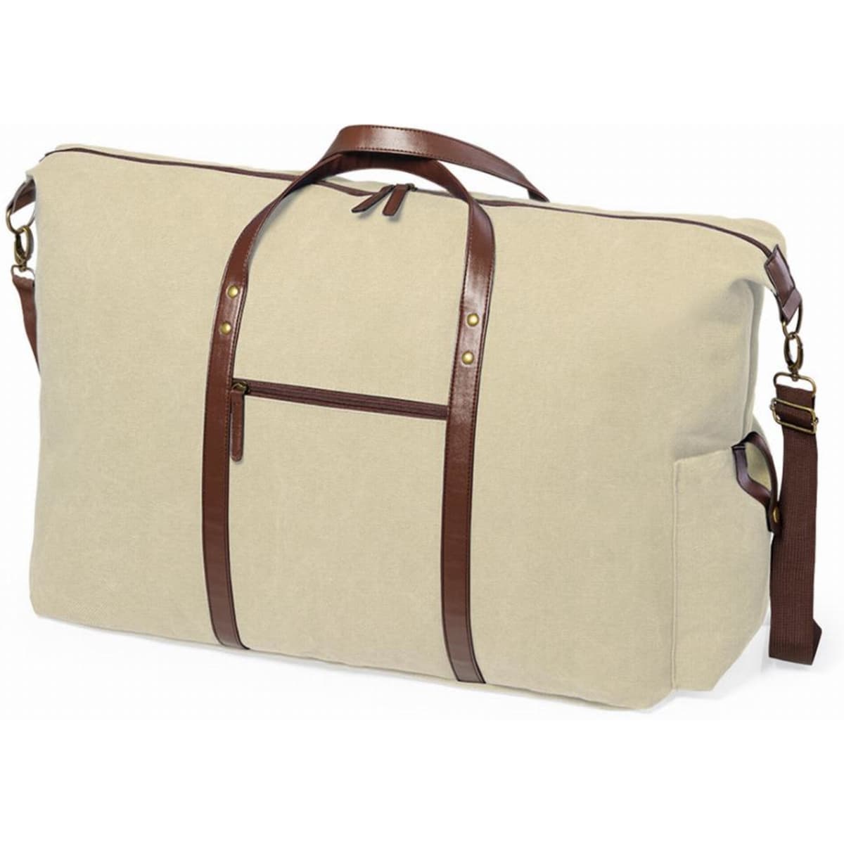 A duffel bag in cream with brown leather straps and accents, featuring a front pocket and a detachable shoulder strap.