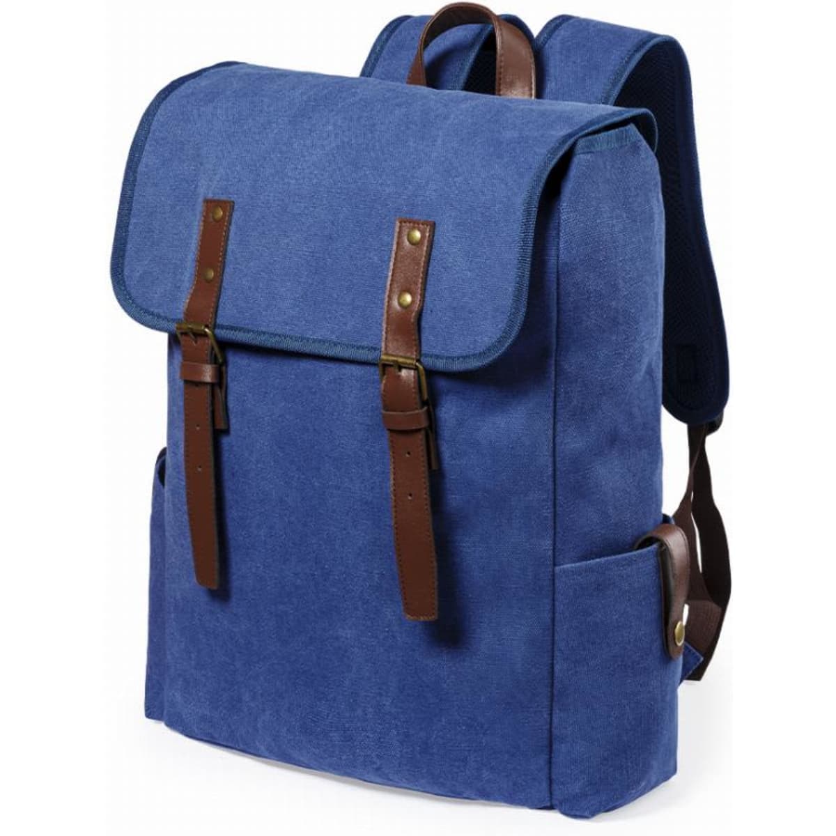 A blue canvas backpack with brown leather straps and detailing, featuring a flap closure and side pockets.