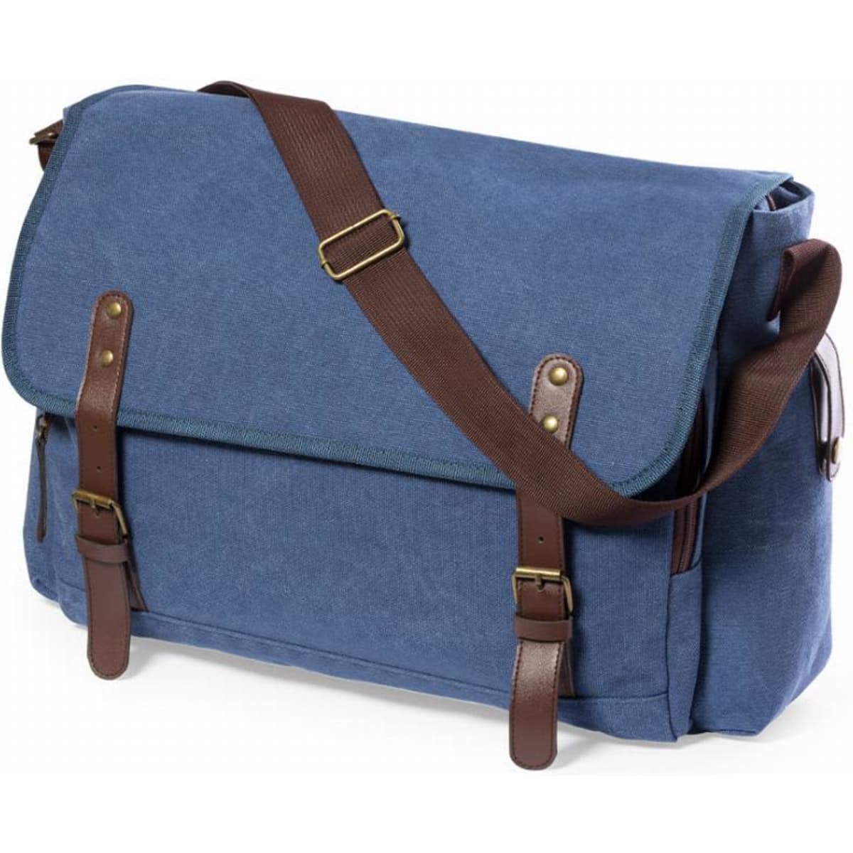 A blue messenger bag with a brown strap and leather accents, featuring a flap closure and front buckles.