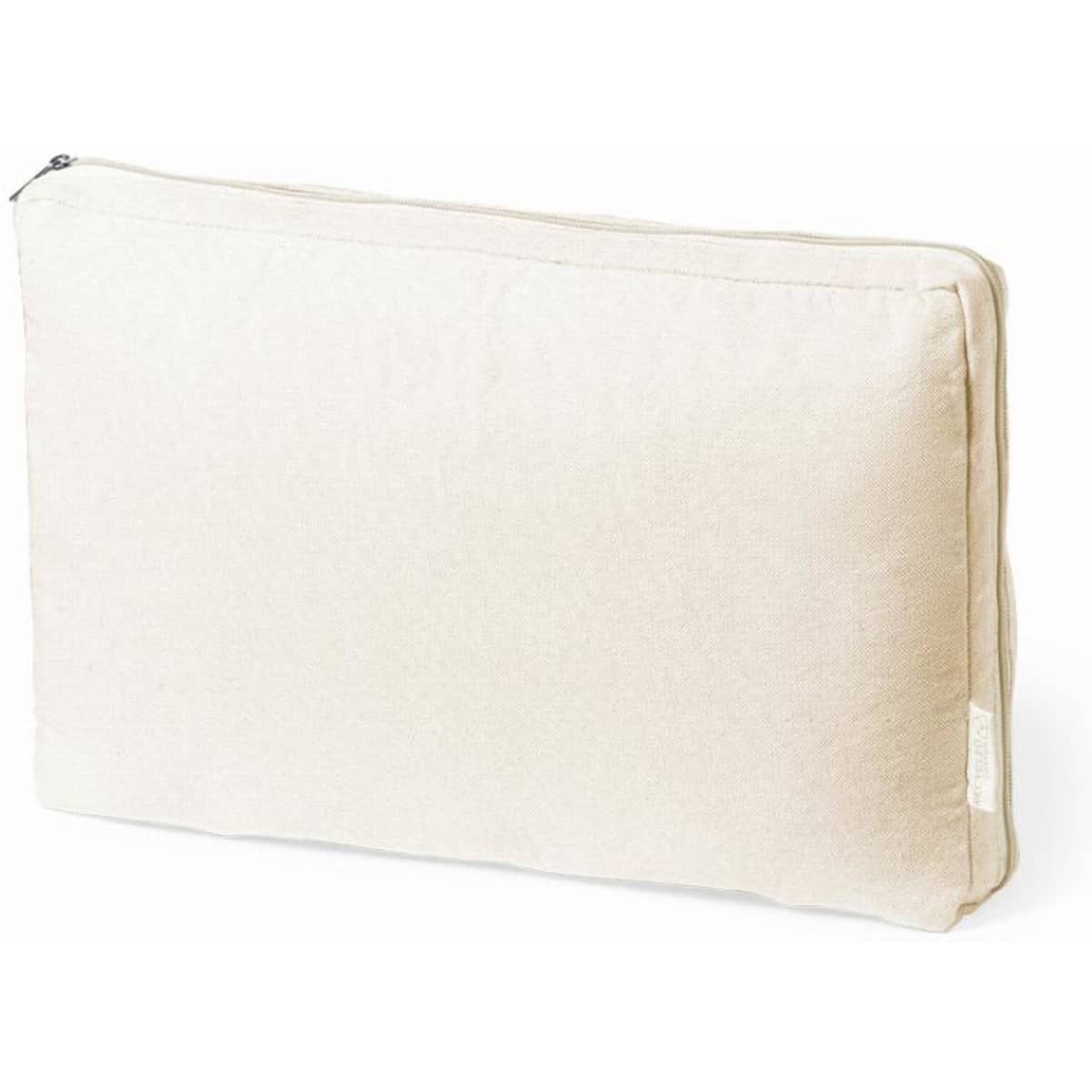 A cushion in a soft beige colour, featuring a zip closure along one edge.