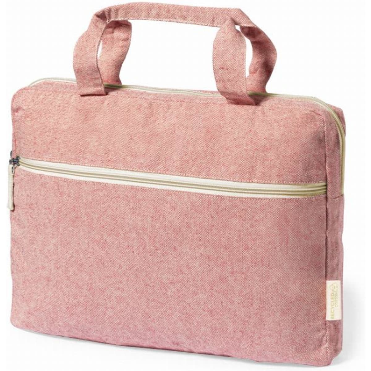 A pink fabric laptop bag with two handles and a front zip pocket. It has a simple and stylish design.