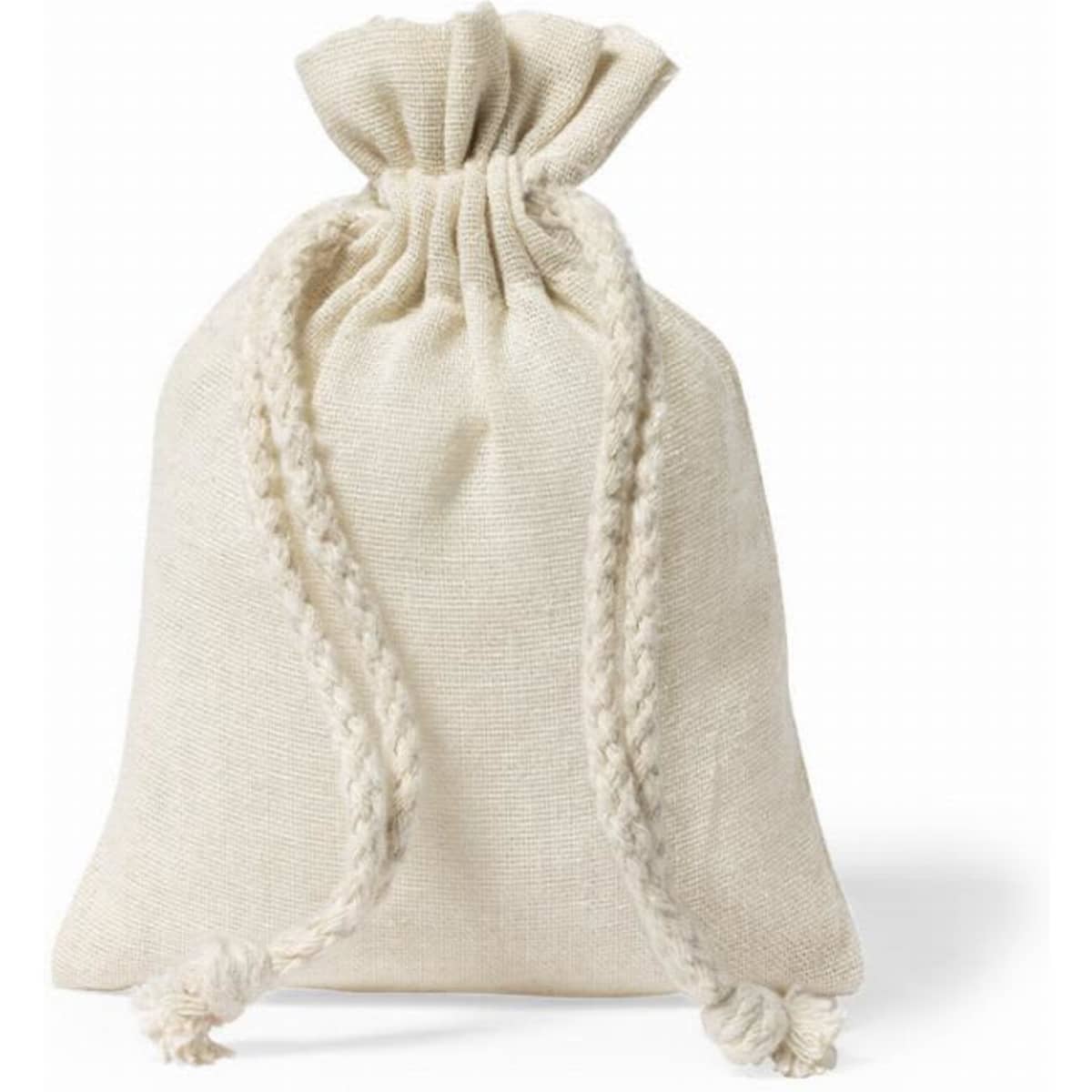 A drawstring bag in a light cream colour with a textured finish and braided ties.