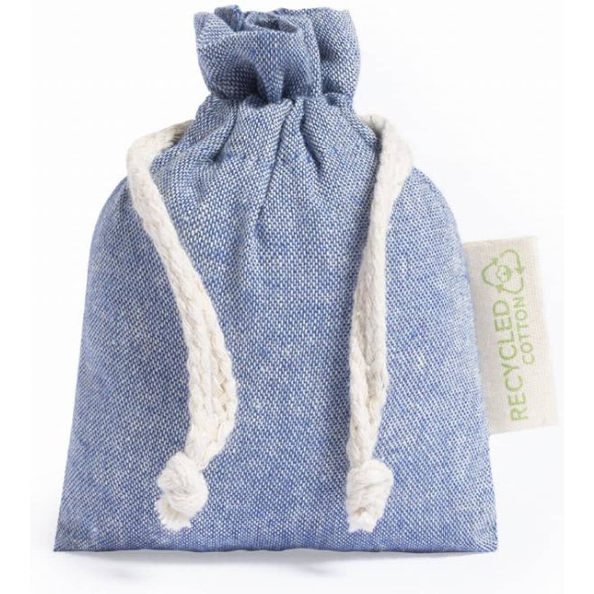 A small blue drawstring bag made from recycled cotton, featuring a white rope closure and a tag.