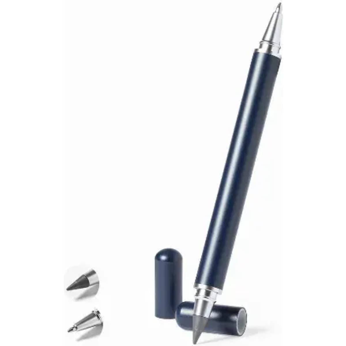 A ballpoint pen in navy blue with silver accents, featuring a capped design and a removable cap.