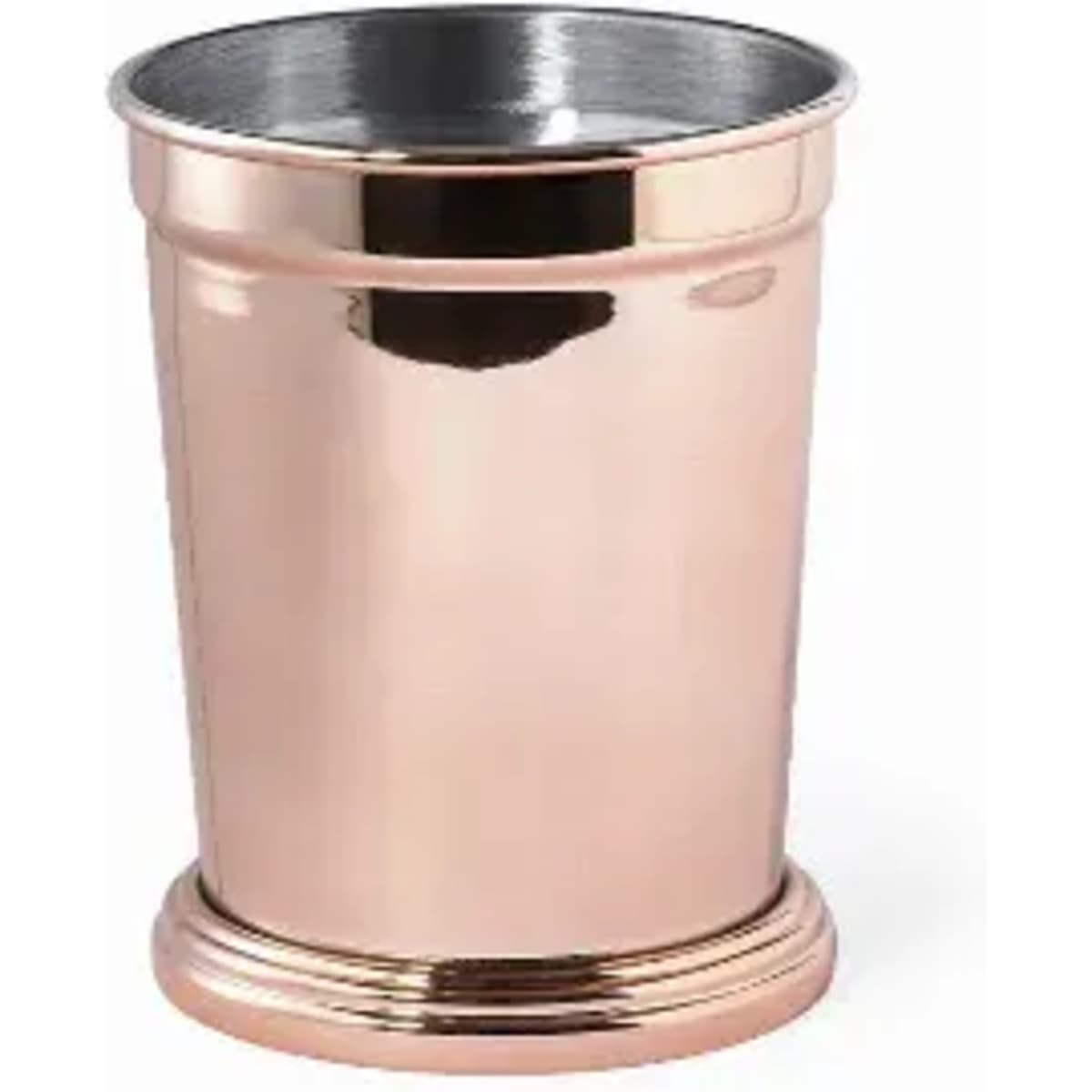 A drink bottle in a shiny rose gold finish with a smooth, rounded top and a sturdy base. Features a brand logo.