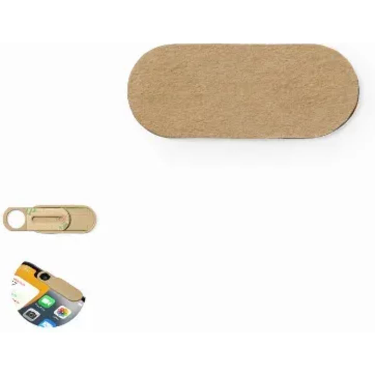 A set of two tan-coloured privacy covers for camera lenses, featuring a sliding mechanism and a logo.