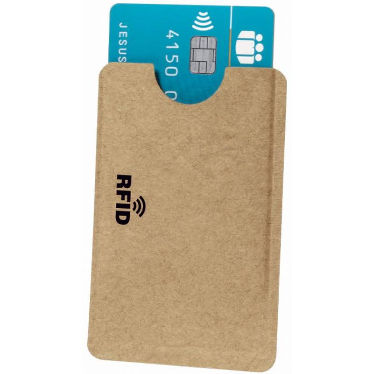 A cardholder in a tan cardboard colour, designed to protect RFID credit cards, with a slot for easy access.