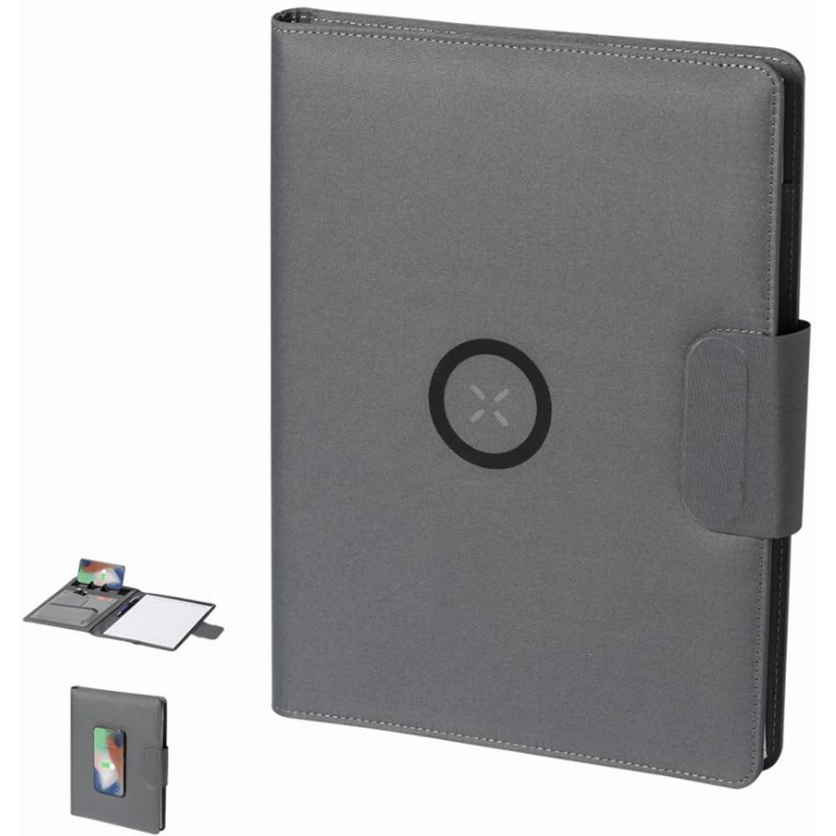A grey folder with a magnetic closure and a circular logo, featuring a flap for a device and a notepad inside.
