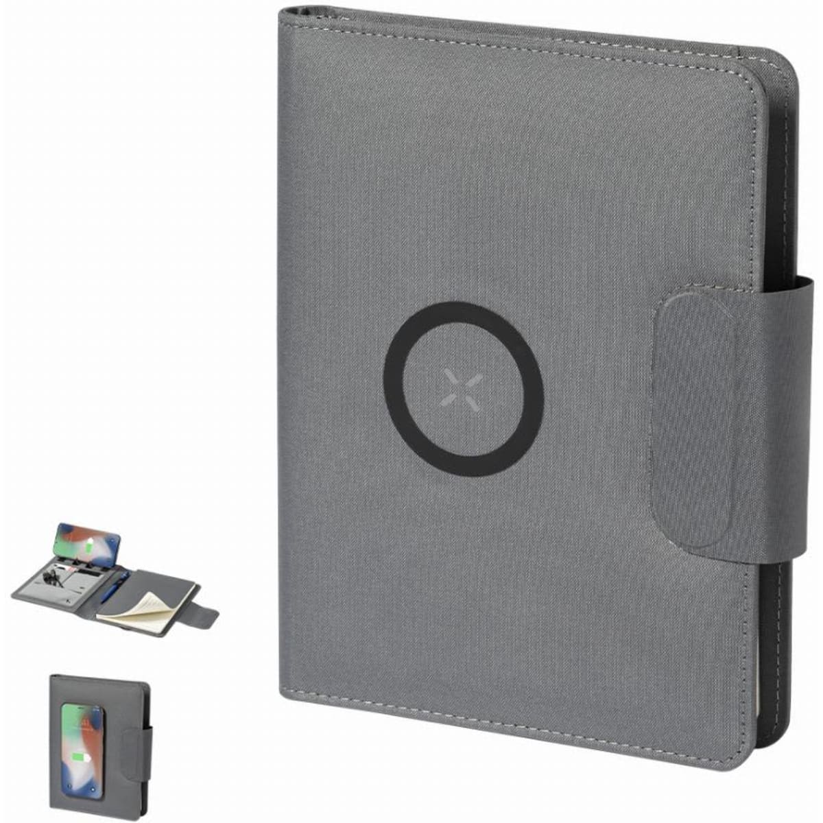 A grey organiser with a magnetic closure, featuring a circular logo and compartments for a phone and notepad.
