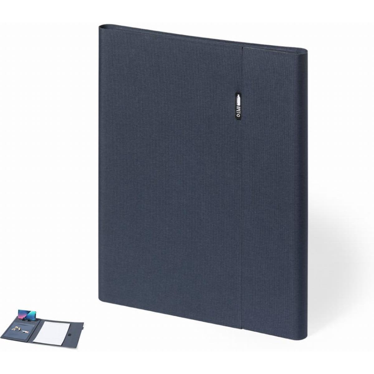 A dark navy folder with a textured finish and a subtle logo. It features a secure closure and an organised interior.