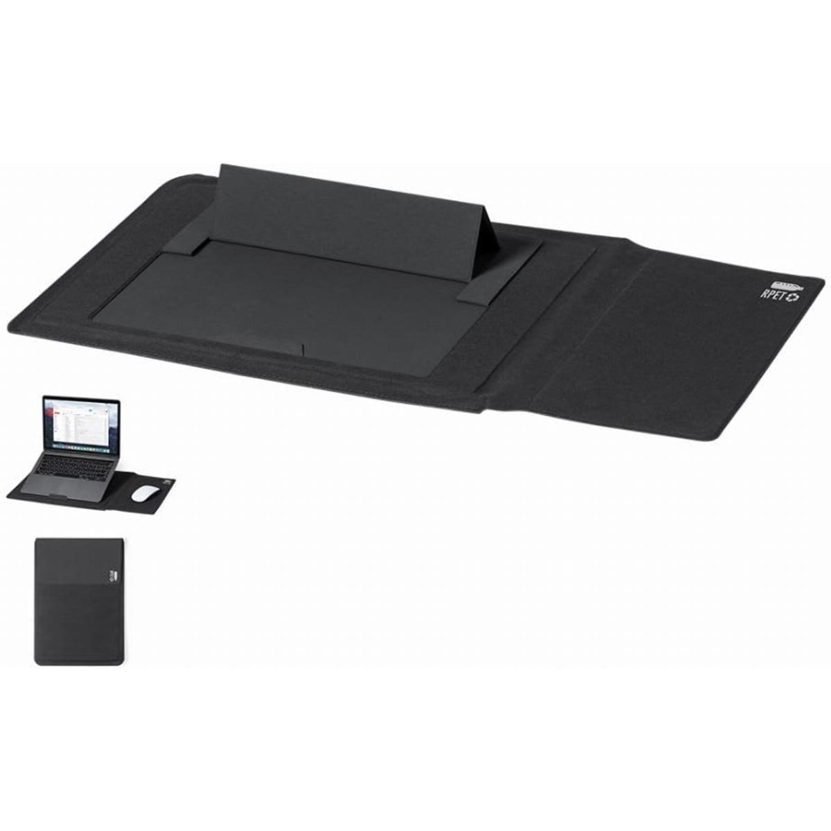 A black laptop sleeve with a foldable stand and a pocket, featuring a logo on the front.