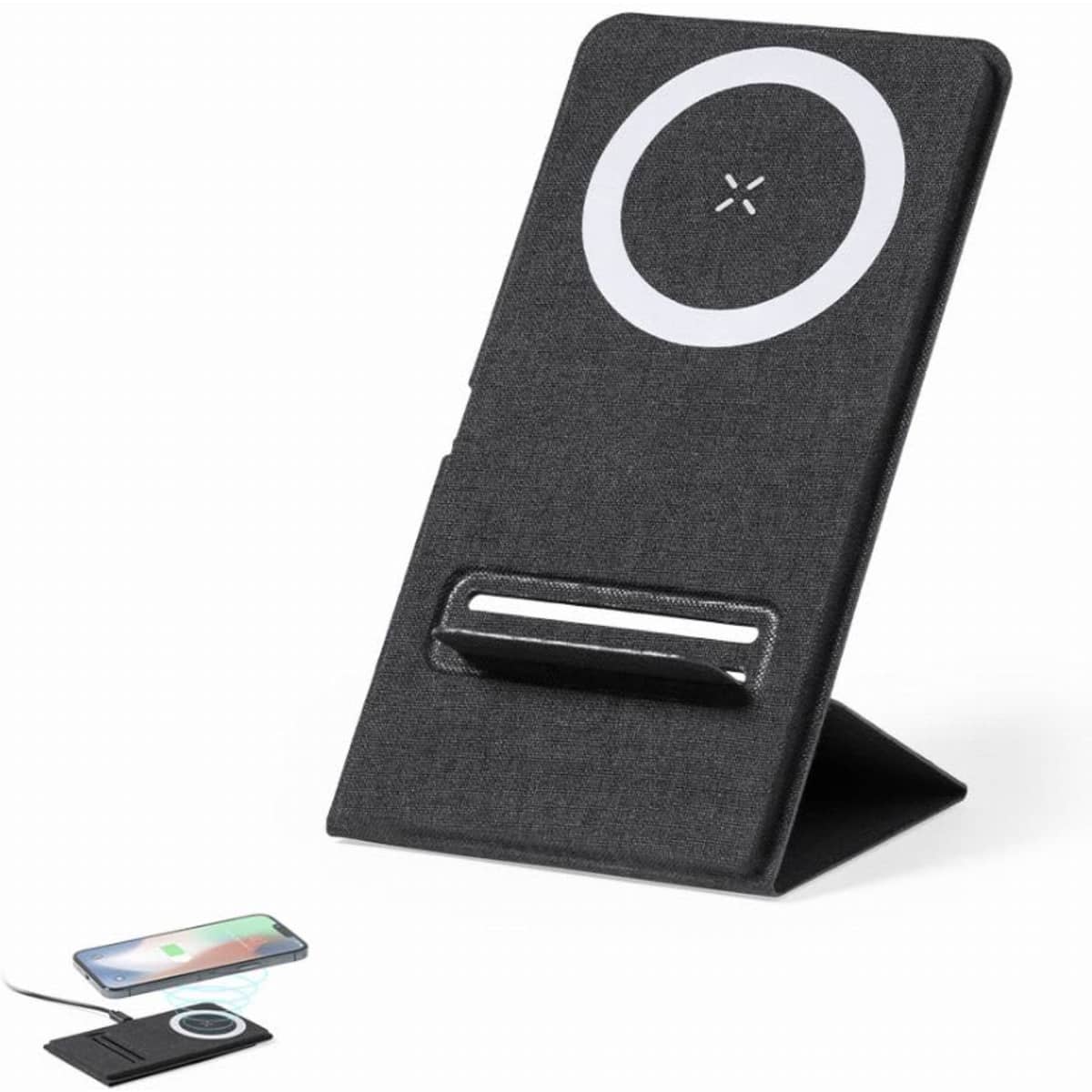 A black phone stand with wireless charging capability, featuring a circular charging pad and a sleek design.