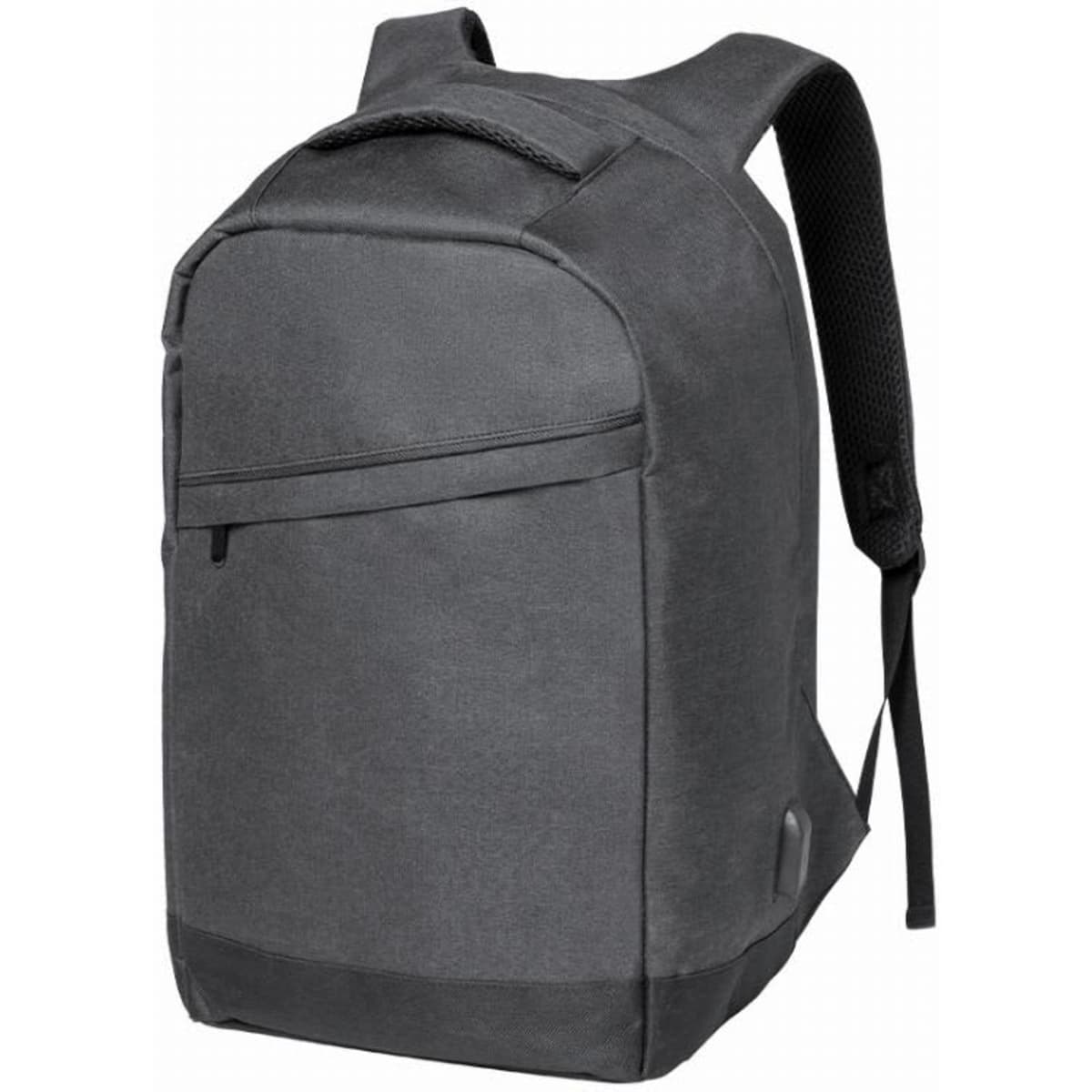 A backpack in a dark grey colour with padded straps and a zippered front pocket. It features a logo on the side.
