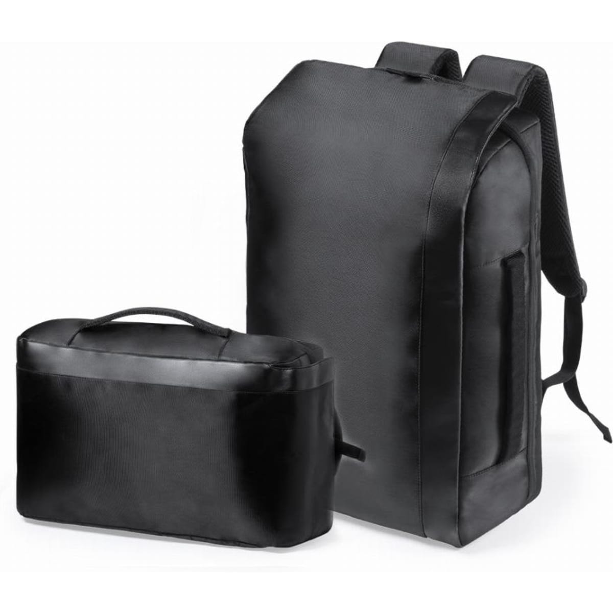 A black backpack next to a small black carrying case, both made from a sleek material. The backpack features adjustable straps.